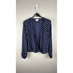Vixbe - Small - Navy Wrap Blouse: Chic V-Neck, Puff Sleeves, Diamond Pattern
